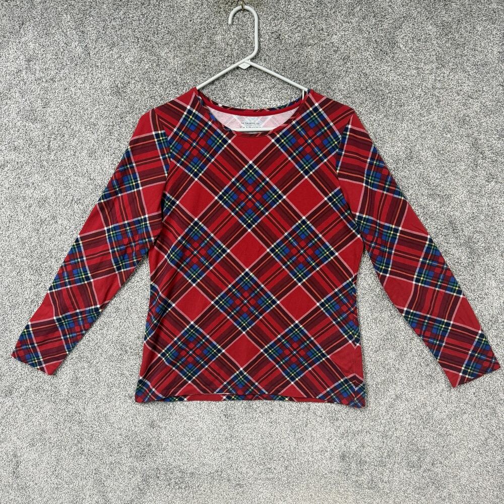 Talbots T-Shirt Womens Size MP Petite Red Blue Plaid Jersey Preppy Chic Holiday